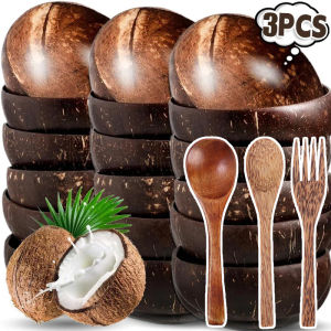 3PCS/Set Natural Coconut Wood Coconut Bowl Reusable Fruit Salad Bowl Oatmeal Yogurt Bowl Kitchen Household Cutlery Bowl With Spoon