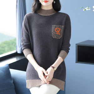 เสื้อสเวตเตอร์ถักผ้าขนสัตว์คอปกสูงครึ่งตัวสำหรับผู้หญิงในฤดูใบไม้ร่วงและฤดูหนาว เสื้อชั้นในทรงหลวมๆ สีแดง เสื้อคลุมผ้าขนสัตว์ขนาดใหญ่