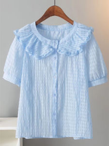 Artistic Vintage Plaid Doll Collar Shirt Loose Versatile Sweet Anti-aging Top for Women Summer New Style Casual Shirt