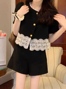 Slimming French Style Lace Trim Top Bottoms Set plus Size Summer Fashion Womens Two-Piece Suit Polyester Short Sleeve round Neck