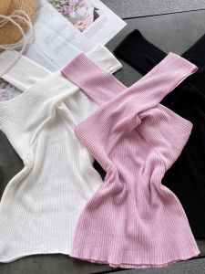 เสื้อกั๊กถักสีพื้นคอวีทรงสลิมฟิต เสื้อชั้นในผู้หญิง ฤดูใบไม้ร่วง 2022 เสื้อคลุมกันหนาวแบบสวมหัวแขนสั้น ผ้าผสมโพลีเอสเตอร์ 100%