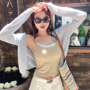 Womens Lace Strap Vest Integrated Pad Sleeveless Backless Top Summer 2025 New Style MiiOW Cat Person Casual Wear Base Shirt