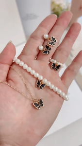 Pearl Butterfly Pendant Necklace Bracelet Earrings Set for Girls