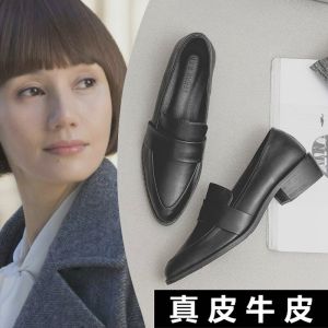 Giày Bệt Da Thật Tang Jing Màu Đen Phong Cách Anh Cỡ Nhỏ Mũi Nhọn Đế Cao Su Thường Ngày Mùa Hè 2023