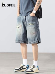ZUOFEILI | Hip Street Ripped Embroidered Jeans Shorts Five Divisions