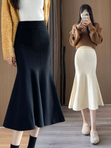 กระโปรงทรงเอเอวสูง กระโปรงทรงหางปลา ผ้าถัก กระโปรงทรงเอ กระโปรงยาวปานกลาง ฤดูใบไม้ร่วง/ฤดูหนาว 2025 กระโปรงทรงเอเอวสูงสำหรับผู้หญิง