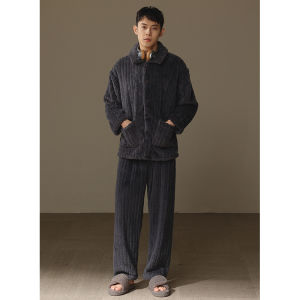 me home wear | Warm Mens Sleepwear Fleece Coral Velvet Flannel Grey Stripe Open Shirt