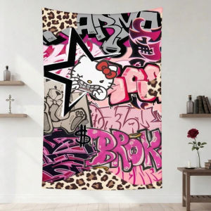 Sanrio | Pink Graffiti Cute Punk Hello Kitty Tapestry Bedroom Living Room Wall Decor Gift for Holidays Indoor Outdoor Decoration
