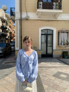 Handmade Light Spring Artistic Heavyweight 3D Floral Lace Trim Belted Top Cotton Blend Long Sleeve V-neck Striped Pattern