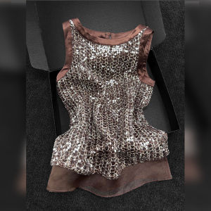 Unique Design Sequin Sleeveless Brown round Neck Top Womens Vest Fashionable Youthful High-End Feel Summer Commute Style