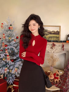 Red Snake Year Knitted Sweater Womens Inner Wear Vintage Style Long Sleeve Neckline Chinese National Style Knitted Top