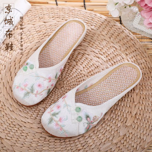 Summer New Arrival Retro Old Beijing Cloth Shoes Womens Flats Soft Bottom Button Embroidery Slippers Chinese Ancient Style Satin the Han-Style Clothing Shoes