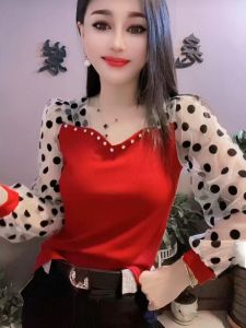 เสื้อเชิ้ตผู้หญิงแขนยาวลายจุดสีตัดกัน เสื้อเชิ้ตทรงเข้ารูปสำหรับใส่ไปทำงาน ดีไซน์เก๋ไก๋ สไตล์ใหม่ ฤดูใบไม้ร่วง 2022