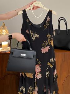 YUFUQING | Hebe Style Floral Print Sleeveless Strap Dress Women Summer New Loose Long Skirt Casual High Waist A-Line Polyester Dress