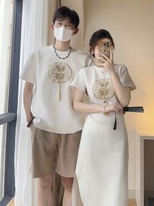 New Chinese Style National Style Improved Design One Dress One Skirt Plate Buckle Beaded Slit Slim-Fitting Dress round Neck Fashion Brand Top