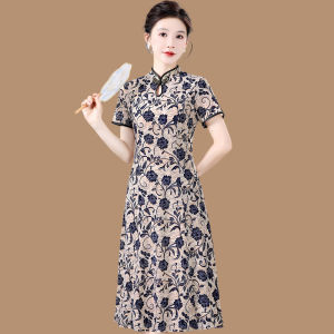 Middle-Aged and Elderly Womens Summer Short Sleeve Dress 2024 New Arrival Retro Mothers Wear National Style Middle-Aged Improved Cheongsam Dress