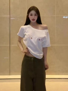 YUEZHONGWEI | Áo thun tay ngắn hở vai phong cách retro Mỹ cho nữ mùa hè thiết kế rộng rãi gợi cảm thường ngày bằng vải cotton thấm hút mồ hôi