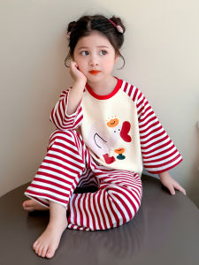 Girls Cotton Pajamas Long Sleeve Home Clothes Set Spring Autumn New Style Pure Cotton Childrens Home Suit Soft round Neck Pullover
