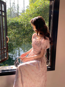 Deng Liujiu French Style Square Collar Bubble Sleeve Floral Print Womens Dress Slimming Waist High Waist Summer Dress