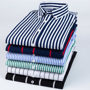 Mens Dress Shirts Striped Long Sleeve Plaid Checked Shirt Smart Casual Business Non-Ironing Korean Slim Fit Formal Blue White