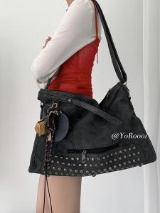 Yoroooi Niche Style Retro Distressed Frosted Personality Large Capacity Handbag Messenger Bag Tote Bag Motorcycle Bag