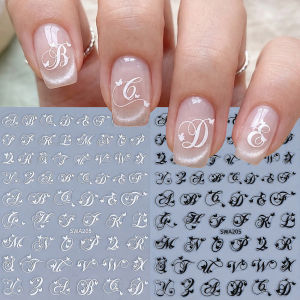 2Pcs Black White English Letter Alphabet 3D Nail Art Stickers Nail Decals with Love Heart Simple Style DIY Manicure Decorations