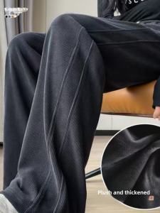 Extra Large Size 150.00kg This Year Popular Loose Pants Womens Autumn and Winter Fleece-lined Thickened High Waist Slim Looking Casual Straight Pants