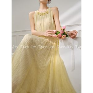 PlumJan | Đầm Vòng Cổ Kiểu Bohemian Mùa Hè Màu Vàng Mới Có Họa Tiết Đính Hạt