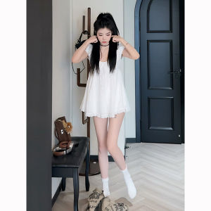 Pure White Mini Dress Womens Summer Short Waist-Cinching French Style A-Line Skirt Short Sleeve round Neck Casual Dress