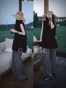 Summer plus Size Womens Printed Sleeveless Top And Wide Leg Pants Loose Comfortable Lazy Stylish Two Piece Set Casual Wear