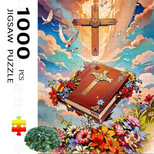 Jigsaw Puzzle 500 1000 1200 2000pcs Religious Christian Cross And Bible Scene With Vibrant Flowers And Doves For Family Fun