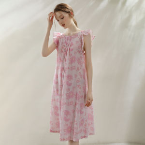 XEXZ | Combed Cotton Floral Print Sweet Sleep Dress Womens Summer New Style Nightgown Round Neck Sleeveless Midi Dress Youth Online Exclusive