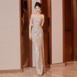 Elegant Long Evening Gown Womens Sequin Dress Luxury Minimalist Host Birthday Party Ball Gown Short Sleeve One Shoulder
