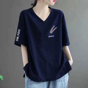 New Womens Cotton-Like Short Sleeve T-Shirt V-Neck Loose Fit Summer Casual Fashionable Mid-Aged Top Mommy Wear Commute Style