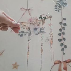 Trâm cài tóc kim loại vòng ngọc xanh tua rua cài tóc cổ trang ngọc phối dây tua