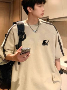 Pure Cotton Youth T-Shirt Khaki Short Sleeve Half Sleeve Small Collar American Style Three Bars Mens Summer Breathable T-Shirt