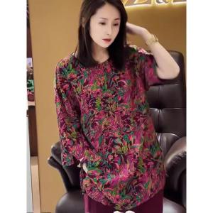 LIANGYILAILIN | Slimming Rose Red Floral Printed Womens Fashion Set 3/4 Sleeves Wide Leg Pants