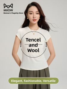 Miiow | Slimming Effect Ice Silk Thin Short Sleeve Base Shirt Cat Person Mulberry Silk Wool Blend Breathable Korean Style Summer Top