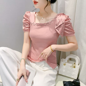 YIMEI Design sense fashionable irregular bubble sleeve pleated womens top studded diamond short sleeved slit t-shirt unique and elegant pink shirt