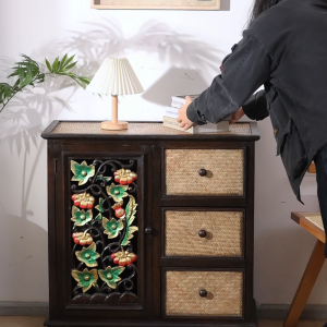 ตู้เก็บของตกแต่งสไตล์เอเชียตะวันออกเฉียงใต้ แบบไทยคลาสสิก ตะกร้าสานหวาย แกะสลักไม้เนื้อแข็ง สำหรับห้องรับแขกและฮอลล์ทางเข้า