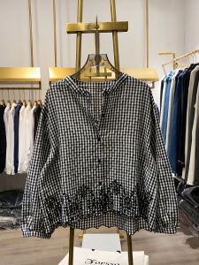 Elegant Commuter Korean Style Plaid Shirt Womens Fashionable Hem Embroidery Top Breathable Skin-friendly Long Sleeve