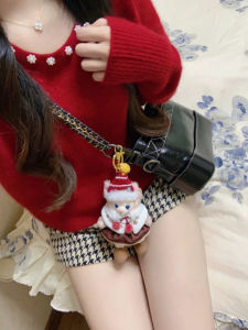 เสื้อสเวตเตอร์ถักสีแดงคริสต์มาสสำหรับผู้หญิง ฤดูใบไม้ร่วง/ฤดูหนาว เสื้อสเวตเตอร์คอตั้งแขนยาวทรงหลวม ทรงสั้น เสื้อผ้าทำงาน