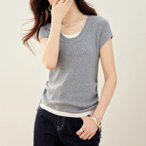 DAIXIANGFEIZI | Ice Silk Knitted Short Sleeve T-Shirt Slimming Illusion Two-piece