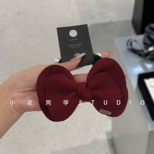 Black Velvet Burgundy Woolen Material Pearl Embellished Butterfly Knot Hair Tie Fashionable Hair Accessories Elastic Band