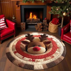 VIKAMA Christmas Reindeer Round Rug Soft Non-Slip Living Room Rug Festive Entryway Decorative Floor Mat Holiday Home Decor