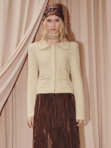 Elegant Knitted Wool Blend Outerwear MaxRieny Miu Style Collared Short Coat Nylon Polyester Blend Long Sleeve Pure Color