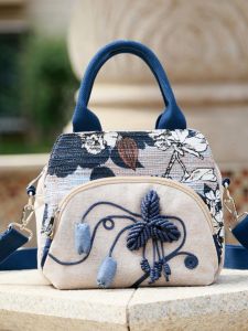 Middle-Aged Womens Bag Mothers Bag Handbag Shoulder Messenger Bag New Elegant All-Match Ethnic Style Canvas Elegant Womens Bag