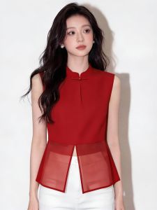 SHUAIYUE | Áo Blouse Nữ Cổ Voan Không Tay Phong Cách Trung Quốc Màu Đỏ