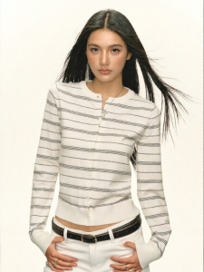 Ariseism | Áo Cardigan Knit Sọc Cổ Tròn Phong Cách Retro