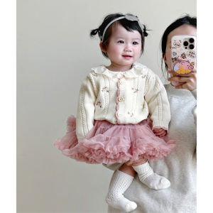 เสื้อคาร์ดิแกนถักแขนยาวปักลายสำหรับเด็กผู้หญิง กระโปรง Tutu สไตล์เจ้าหญิง กระโปรงสั้น ผ้าฝ้ายผสมโพลีเอสเตอร์